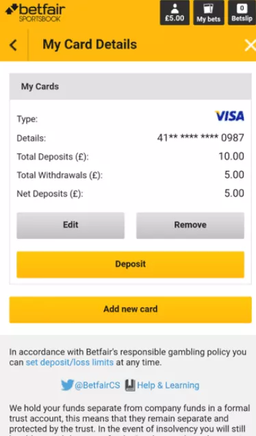 Betfair Card Details